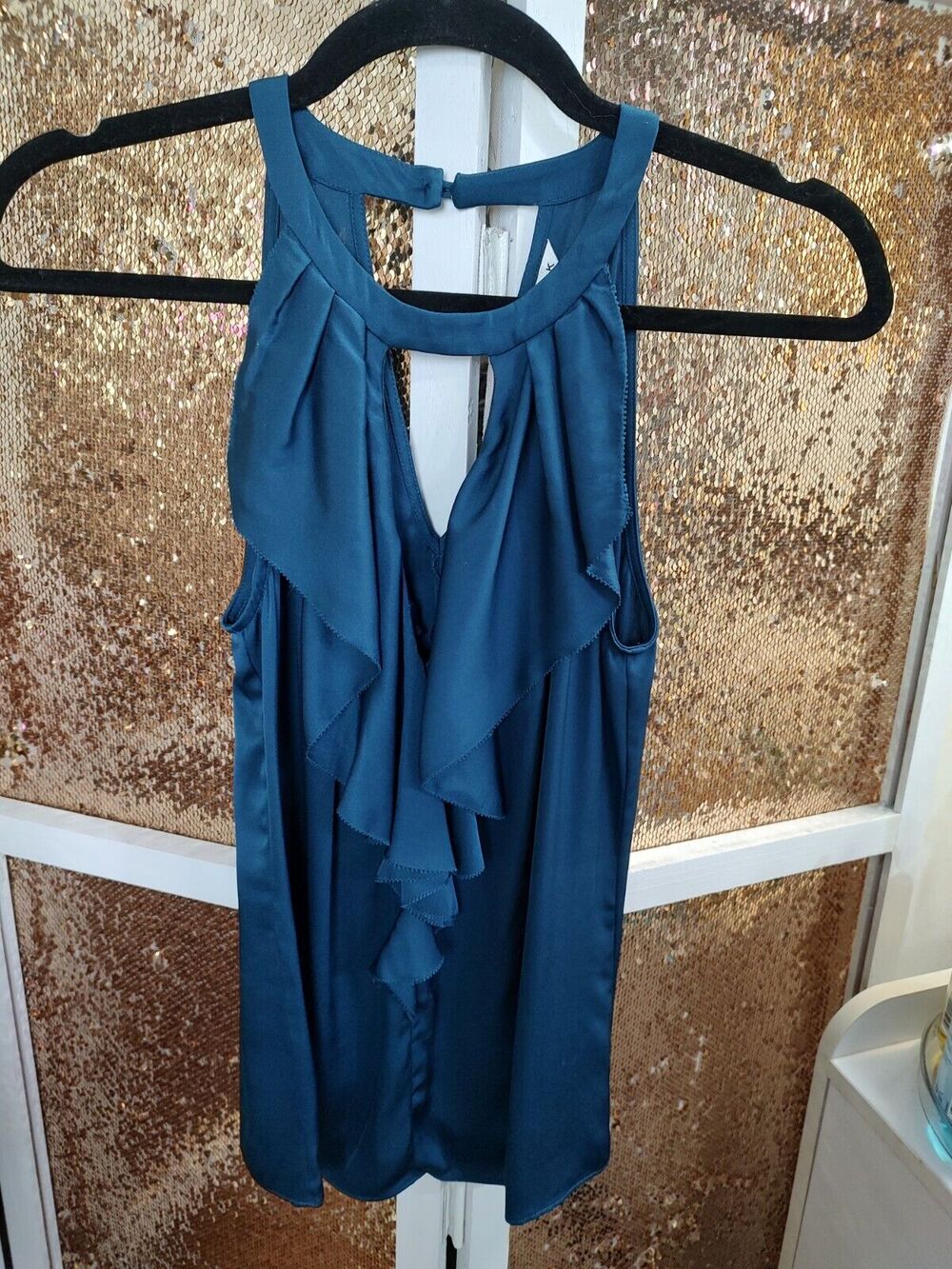 NWT Trina Turk Teal Silk Ruffle Front Sleeveless Blouse P